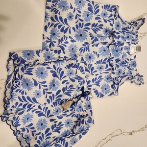 Rachel Zoe Blue Floral Crop Tank & Shorts Set with Gold Lurex